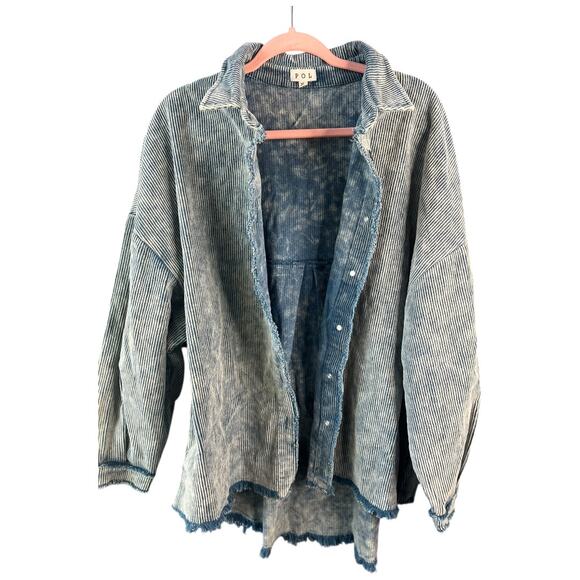POL blue corduroy shacket jacket button front raw hem oversized small NWOT - Picture 3 of 6